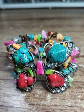 Vintage Chunky Butterfly Chip Beaded Cuff Bracelet Boho Y2K Festival Whimsical